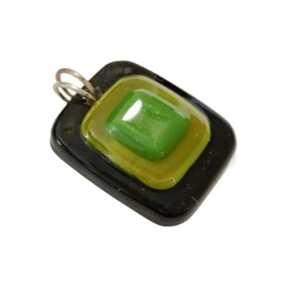 Vintage Black and Green Fused Glass Pendant, 1.25